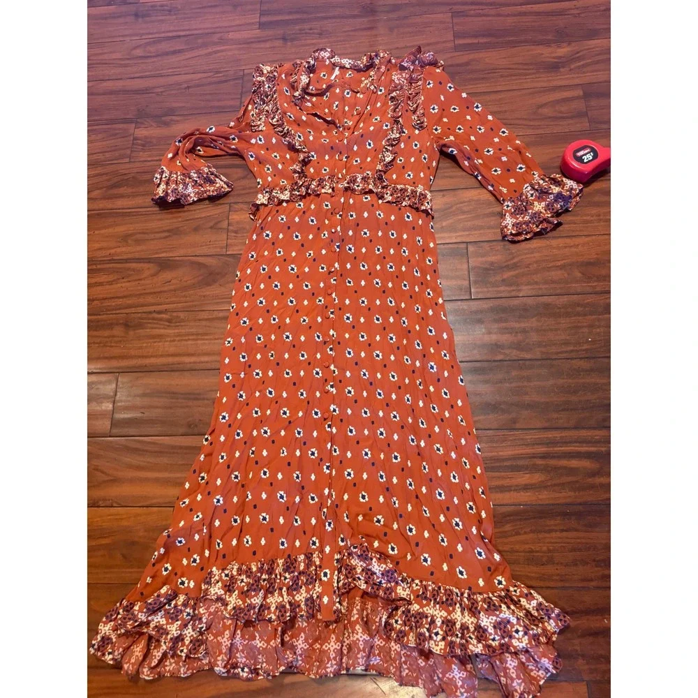 Free People Rare Feelings Maxi Dress Rust Orange Floral Boho Duster Size S - Picture 7 of 9